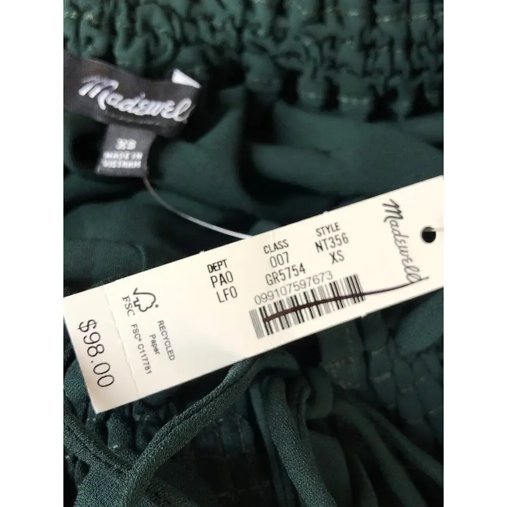Madewell Top Long Sleeve Tie Neck Peasant Blouse Luxury Forest Green NWT XS